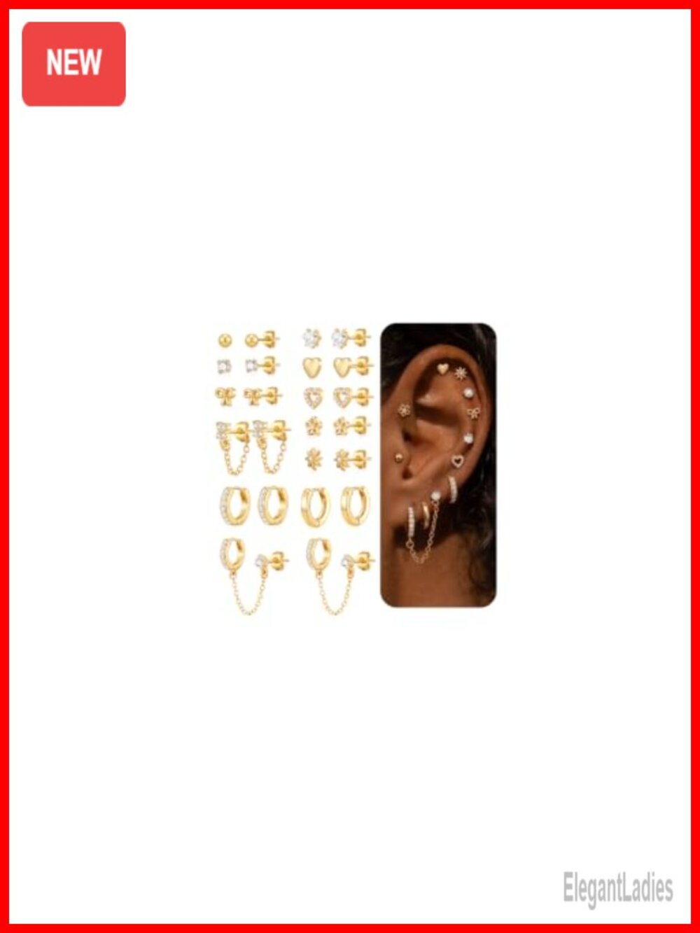12PC Gold Plated CZ Stud Hoop Earrings Hypoallergenic